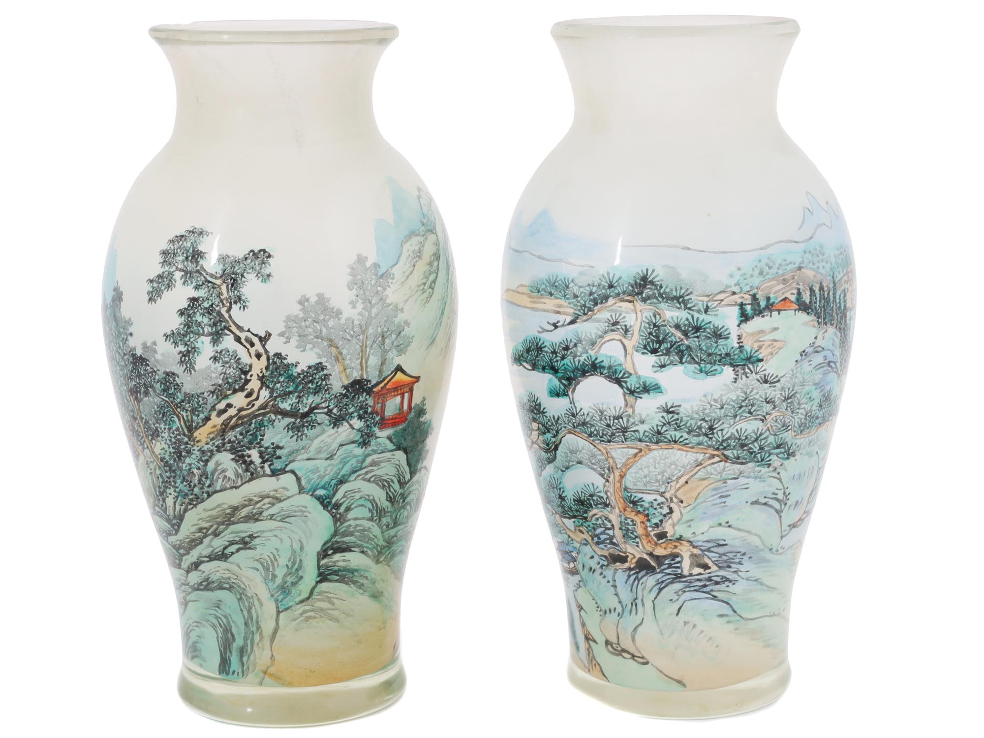 PAIR OF CHINESE REVERSE PAINTED WHITE GLASS VASES PIC-0